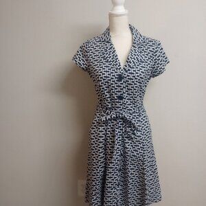 White and Navy  Blue dress, wrap dress with belt, by Mlle Gabrielle